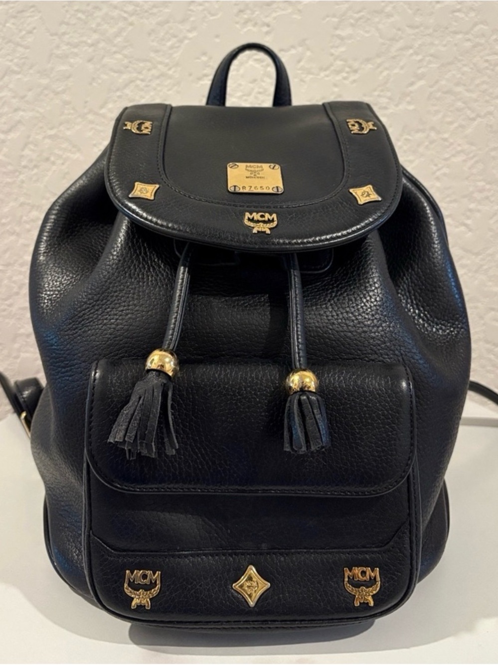 MCM Black Pebbled Leather Studded Tassel Drawstring Backpack NWOT